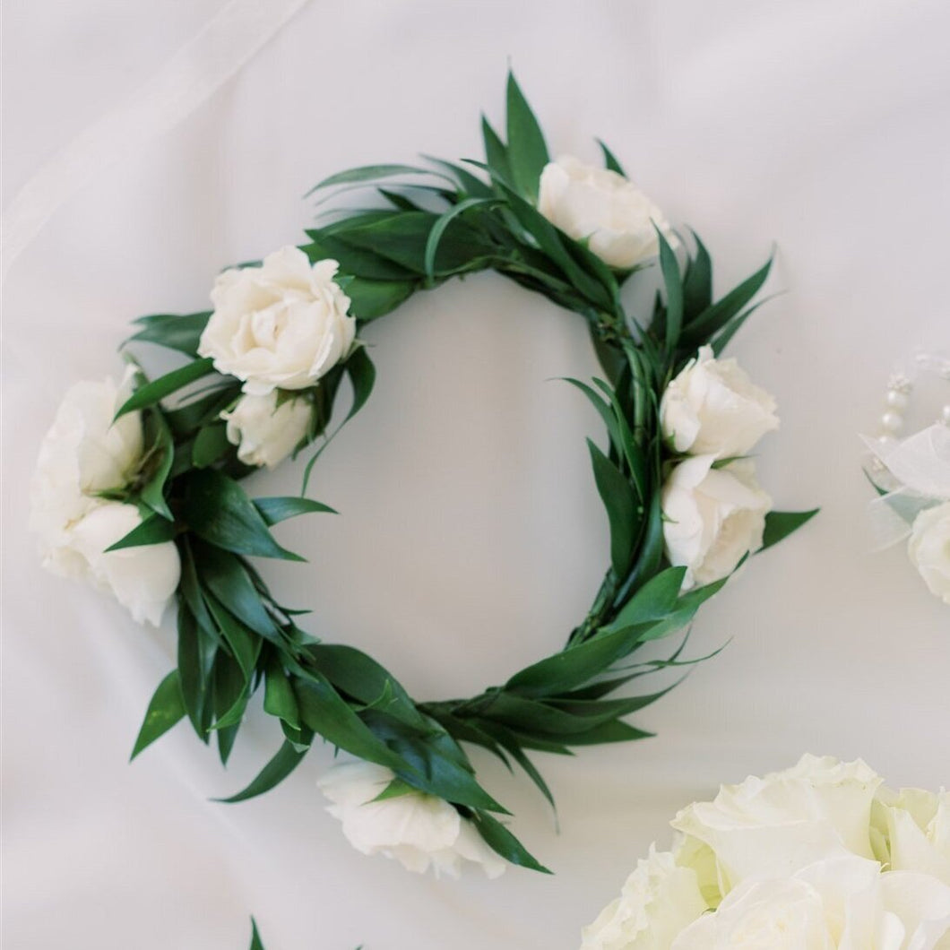 White rose flower girl crown with Italian ruscus – Floral Atelier Australia, Adelaide wedding florist